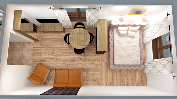 Visualization of interior design for the big room of apartment in which there are sleeping, dining and living spaces