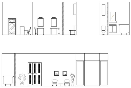 Drawing of the wall cuts with furniture placement for the interior design of a dog grooming salon in Slovenia