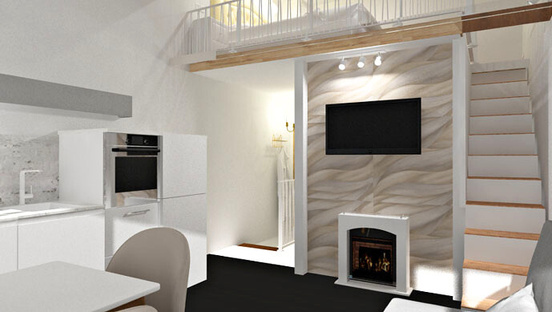 Visualization of interior design of the entrance zone, fireplace and second level with bed of a two-level studio in Slovenia