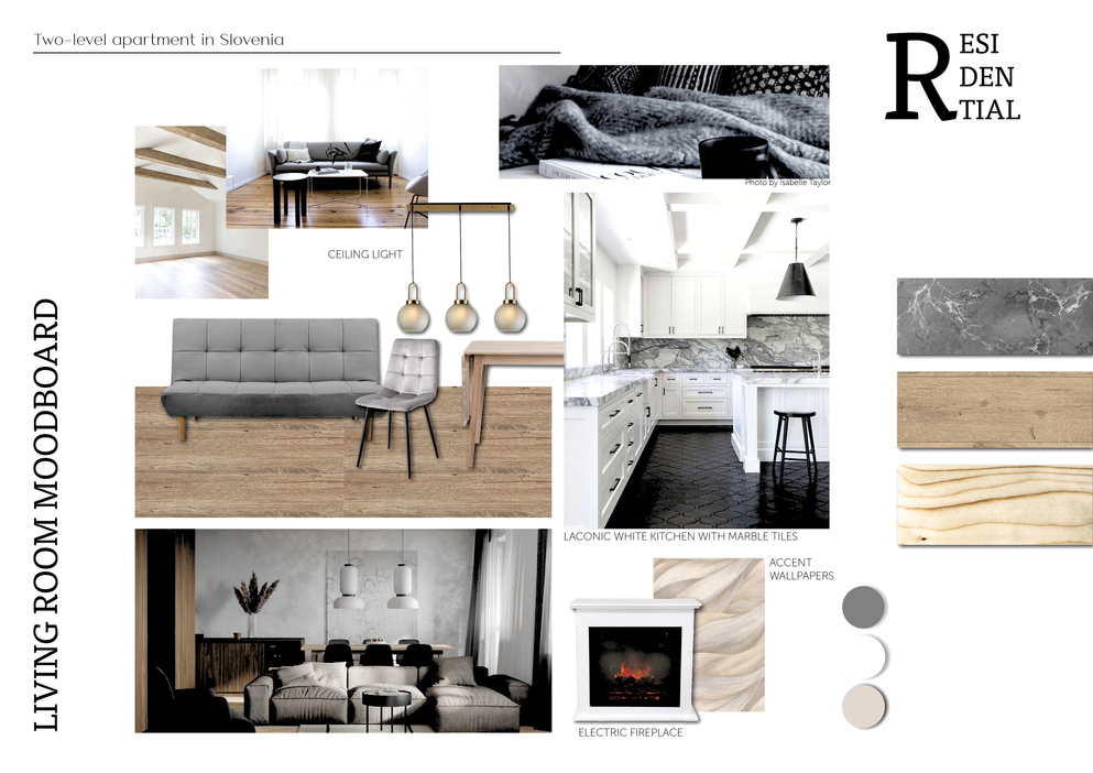 Moodboard for the interior design of a living and dining space of a two-level apartment in Slovenia