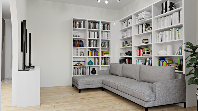 Interior design of a living room with big light grey sofa and big bookcases with home library