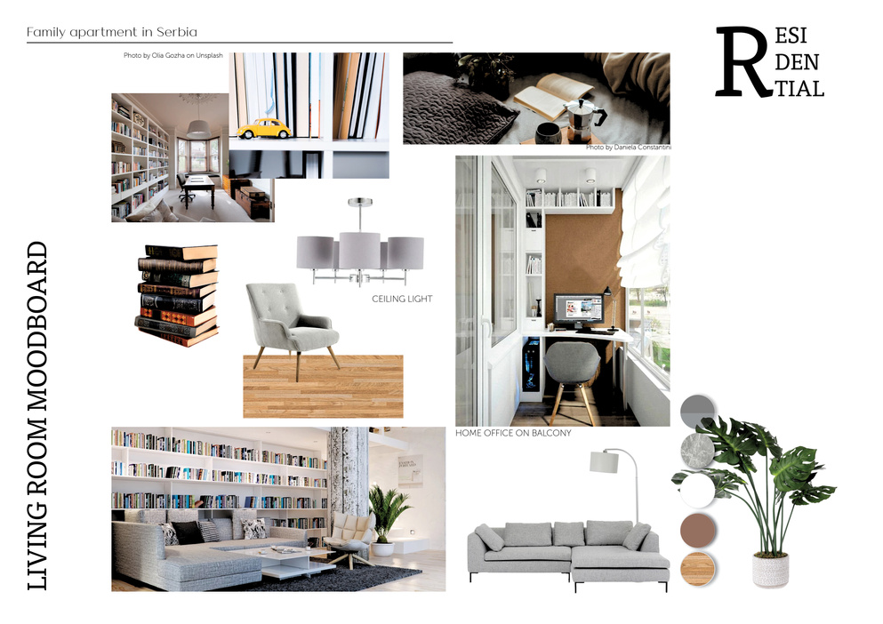 Moodboard for the interior design of a living room for the family flat in Serbia