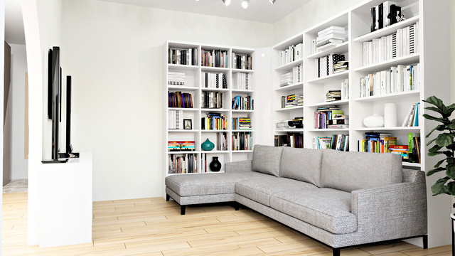 Visualization of the interior design of a flat featuring living room with light grey sofa and bookcases for home library