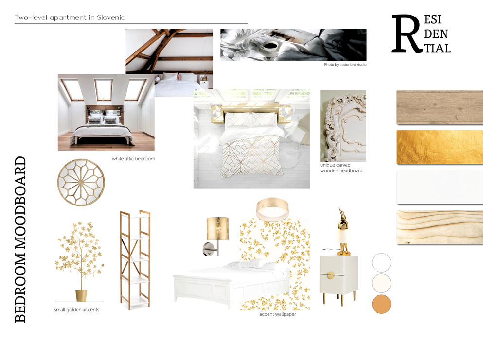 Moodboard for the interior design of a bedroom in the two-level studio in Slovenia