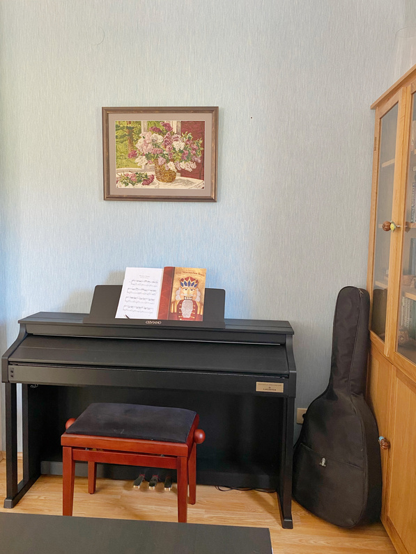 Interior design of a living room with piano, guitar, bookcase and painting on the wall