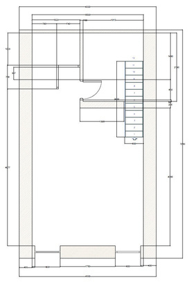 Floor plan with measures for the interior design of a two-level studio in Slovenia
