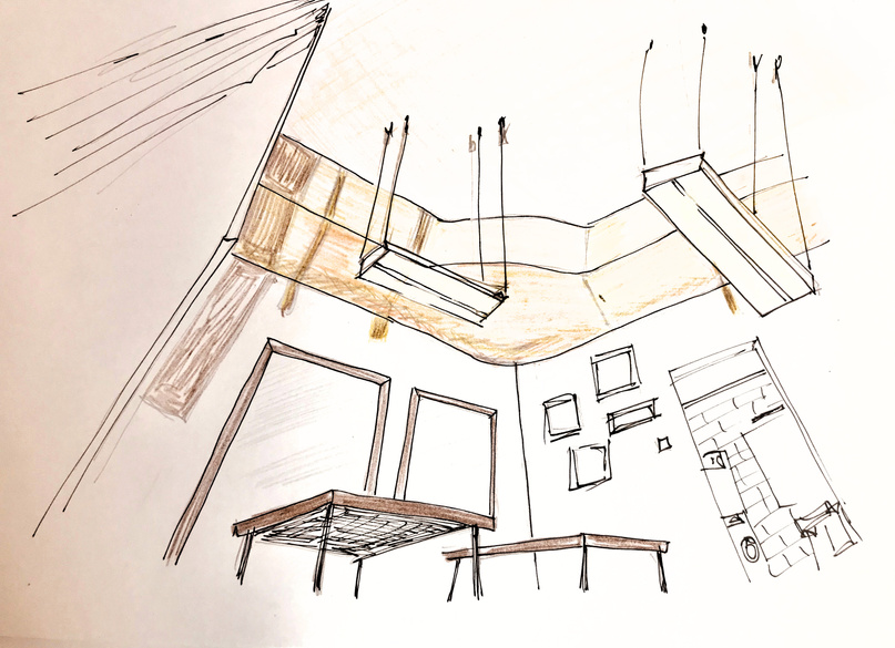 Pen and pencil sketch of the service zone lighting for the interior design of dog grooming salon in Slovenia