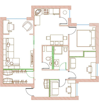 Floor plan for the interior design of a flat in Serbia with furniture placement and wall adjustment details