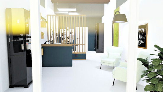 Visualization of the view from the street through glass window to the interior design of dog grooming salon in Slovenia