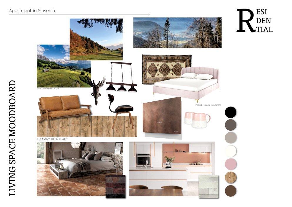 Moodboard for the interior design style of the apartment in Slovenia