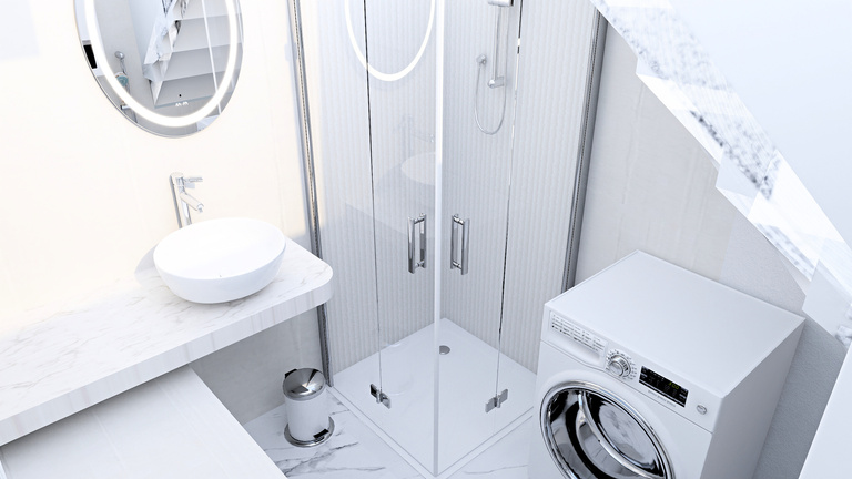 Visualization of white and marble interior design of the bathroom in two-level studio in Slovenia